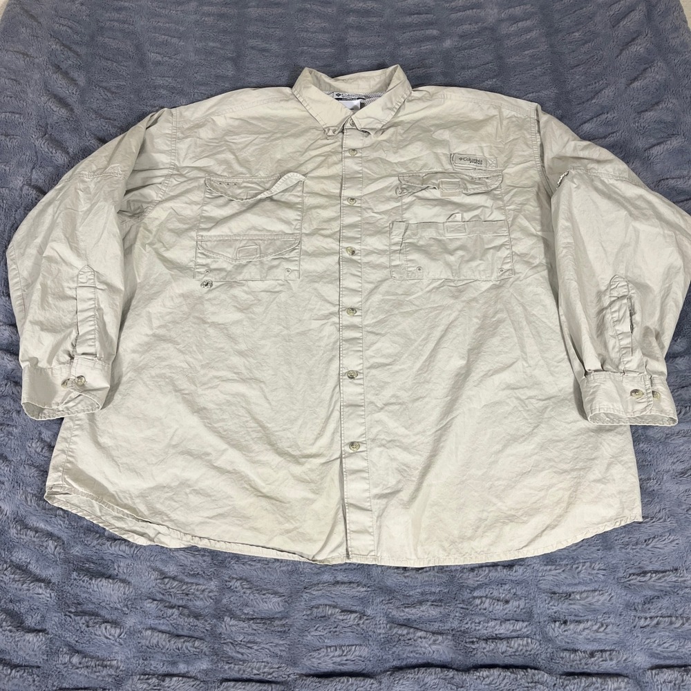 Columbia PFG Mens XXL Long Sleeve Vented Fishing Shirt Tan Cotton FM7120 Khaki